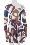 Brown Sexy Print Strap Design Oblique Collar Printed Dresses