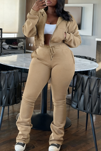 Khaki Casual Solid Color Draw String Hooded Long Sleeve Two Pieces