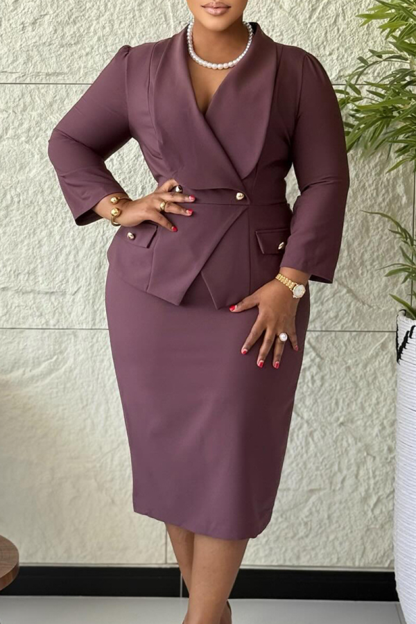 Maroon Elegant Solid Color Patchwork Turndown Collar Wrapped Skirt Dresses