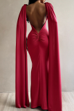 Red Elegant Solid Color Backless O Neck Evening Dresses