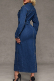 Deep Blue Casual Solid Color Buckle Turndown Collar Long Sleeve Bodycon Denim Dresses