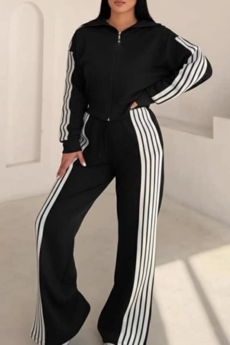 Black Casual Stripe Contrast Zipper Collar Long Sleeve Two Pieces