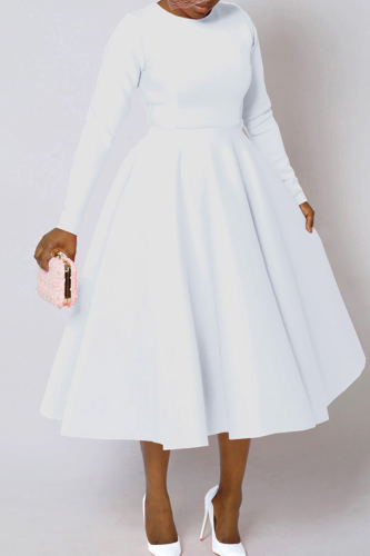 White Elegant Solid Color Zipper O Neck A Line Plus Size Dresses