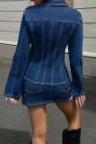 Deep Blue Casual Solid Color Buckle Turndown Collar Tops