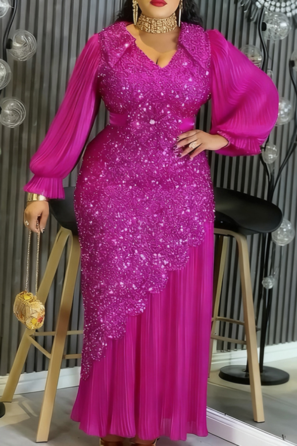 Rose Red Elegant Solid Color Sequins O Neck Long Plus Size Dresses