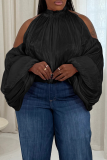 White Casual Solid Color Hollow Out Mandarin Collar Plus Size Tops