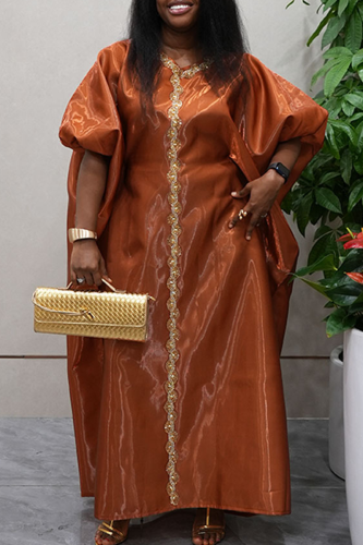 Coffee Elegant Solid Color Contrast V Neck Long Dresses