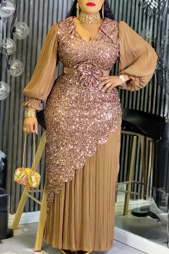 Coffee Elegant Solid Color Sequins O Neck Long Plus Size Dresses