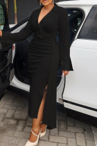 Black Casual Solid Color Buttons Turndown Collar Irregular Plus Size Dresses