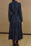 Deep Blue Casual Solid Color Buckle Turndown Collar Long Sleeve Loose Denim Dresses