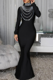Black Elegant Solid Color Hot Drill Turtleneck Long Dresses