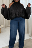 White Casual Solid Color Hollow Out Mandarin Collar Plus Size Tops
