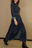 Deep Blue Casual Solid Color Buckle Turndown Collar Long Sleeve Loose Denim Dresses