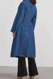 Deep Blue Casual Solid Color Buckle Turndown Collar Long Sleeve Loose Denim Jacket