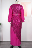 Coffee Elegant Solid Color Sequins O Neck Long Plus Size Dresses