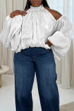 White Casual Solid Color Hollow Out Mandarin Collar Plus Size Tops
