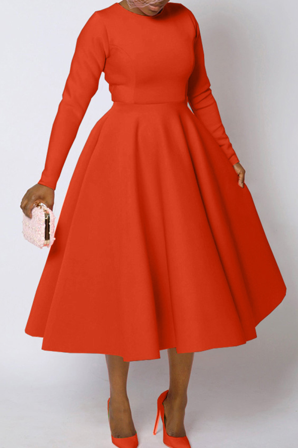 Tangerine Red Elegant Solid Color Zipper O Neck A Line Plus Size Dresses