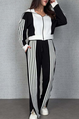 White Casual Stripe Contrast Zipper Collar Long Sleeve Two Pieces