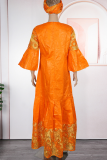 Orange Casual Jacquard Zipper O Neck Long Plus Size Dresses