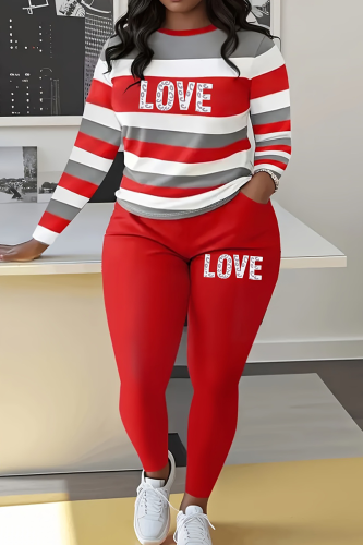 Red Casual Letters Contrast O Neck Long Sleeve Two Pieces
