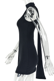 Black Sexy Solid Color Patchwork Oblique Collar Wrapped Skirt Dresses