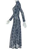 Black Elegant Print See-Through O Neck Long Dresses