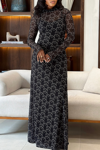 Black Elegant Print See-Through O Neck Long Dresses
