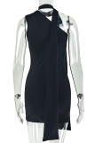 Black Sexy Solid Color Patchwork Oblique Collar Wrapped Skirt Dresses