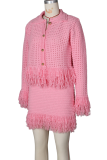 White Casual Solid Color Fringed Trim Turndown Collar Long Sleeve Two Pieces