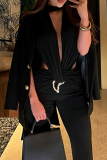 Burgundy Sexy Solid Color Metal Accessories Trim Deep V Neck Bodycon Jumpsuits