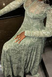 Green Elegant Print See-Through O Neck Long Dresses