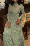 Green Elegant Print See-Through O Neck Long Dresses