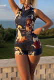 Blue Sexy Print Patchwork Mandarin Collar Regular Rompers