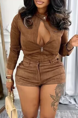 Light Brown Street Solid Color Zipper O Neck Long Sleeve Two Pieces