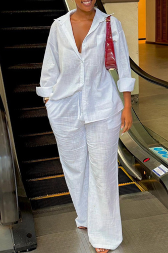 White Casual Solid Color Buckle Shirt Collar Long Sleeve Two Pieces
