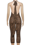 Leopard Print Sexy Leopard Print Patchwork O Neck Skinny Jumpsuits