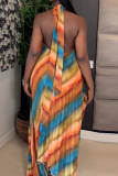 Colour Casual Rainbow Stripe Backless Halter Irregular Dresses