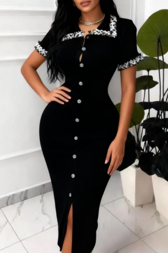 Black Elegant Solid Color Buckle Turndown Collar Wrapped Skirt Dresses