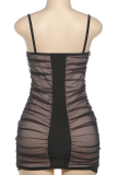 Black Sexy Solid Color Ruched Spaghetti Strap Wrapped Skirt Dresses