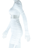 White Sexy Solid Color Hollow Out Asymmetrical Collar Wrapped Skirt Dresses