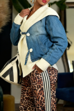 Blue Casual Solid Color Buttons Turndown Collar Long Sleeve Loose Denim Jacket