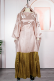 Champagne Casual Pleated Contrast O Neck Long Dresses