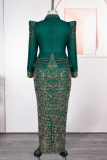 Rose Red Elegant Embroidery Slit Mandarin Collar Long Plus Size Dresses