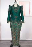 Rose Red Elegant Embroidery Slit Mandarin Collar Long Plus Size Dresses