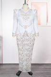 Rose Red Elegant Embroidery Slit Mandarin Collar Long Plus Size Dresses