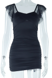 Black Sexy Solid Color Patchwork Square Neck Wrapped Skirt Dresses