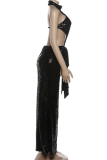 Black Sexy Solid Color Sequins Half A Turtleneck Long Dresses
