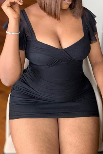 Black Sexy Solid Color Patchwork Square Neck Wrapped Skirt Dresses