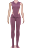 Purple Sexy Solid Color Backless O Neck Skinny Jumpsuits
