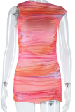 Orange Red Sexy Print Patchwork Off Shoulder Wrapped Skirt Dresses
